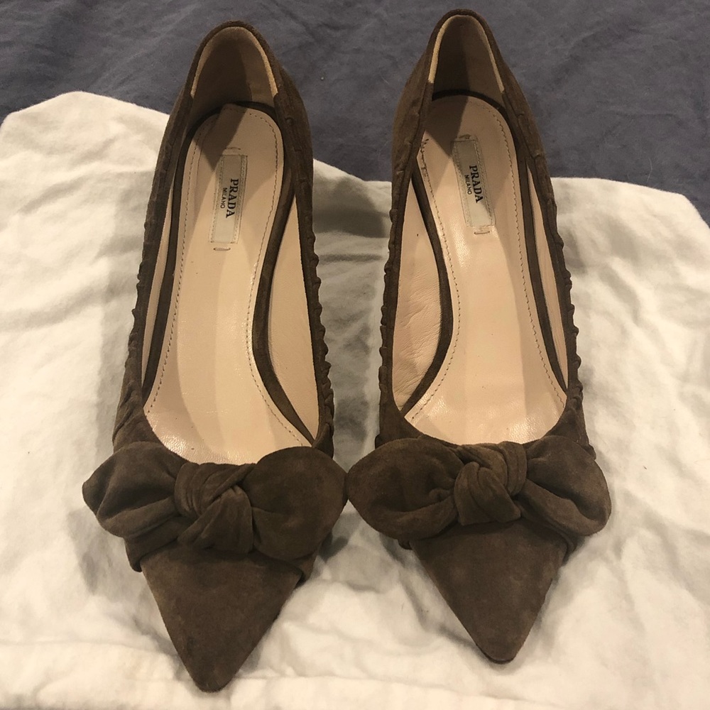 Prada Pointed-Toe Chocolate Suede Kitten Heels